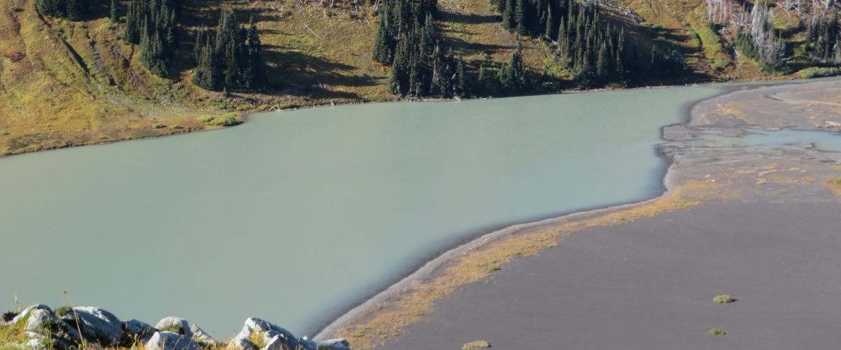 The glacial lake below us had an unusual dark-rimmed shore line. 